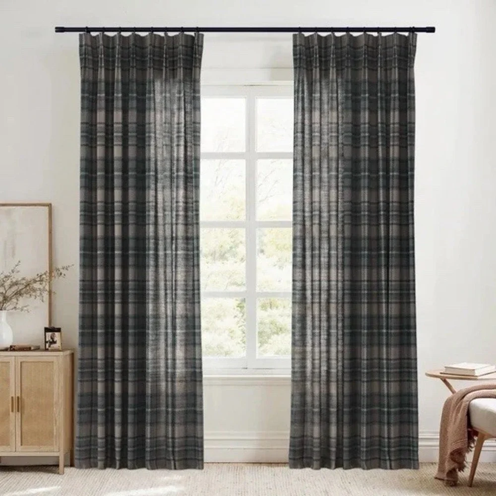Sara Le Linen Raisin Plaid Print Pinch Pleat Curtain Unlined (2)Panels 40